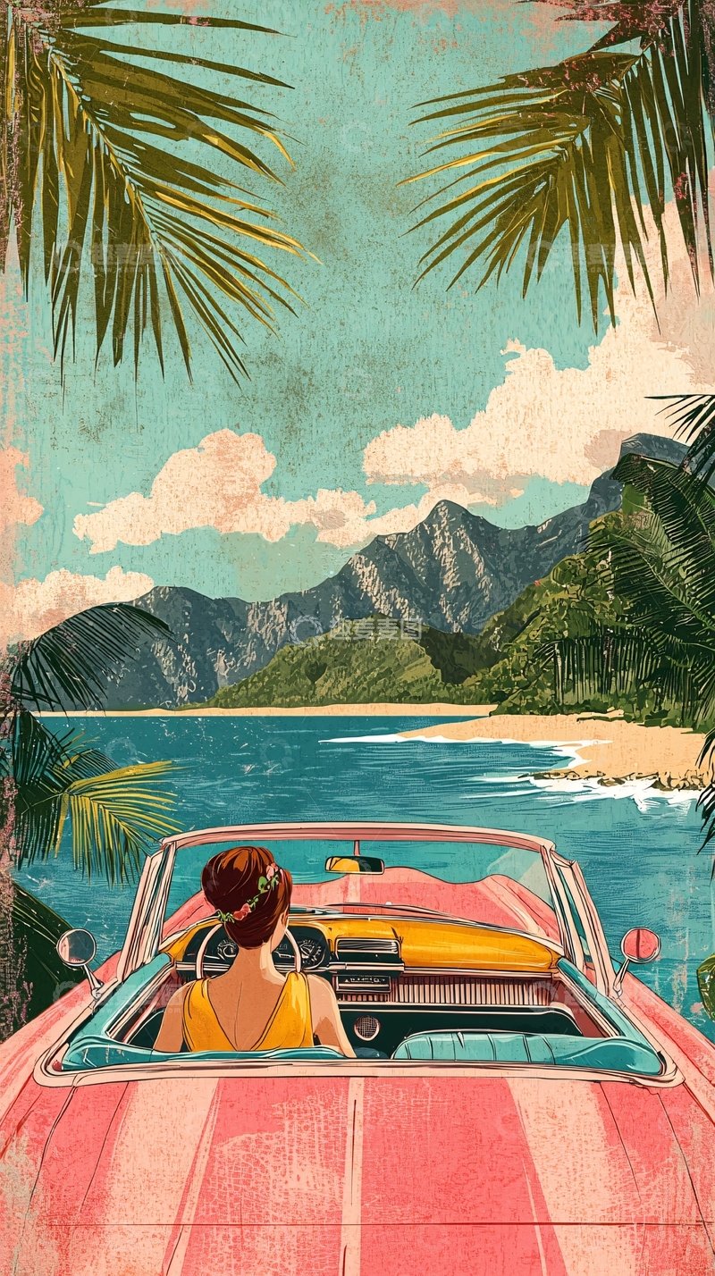 高清大图下载【趣麦麦图】夏日海滩复古车旅途中景