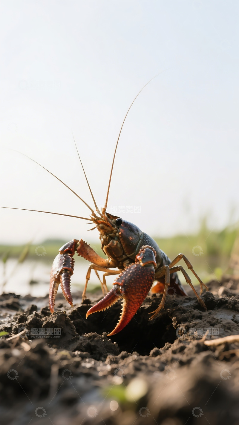 高清大图下载【趣麦麦图】野生龙虾挖泥实拍