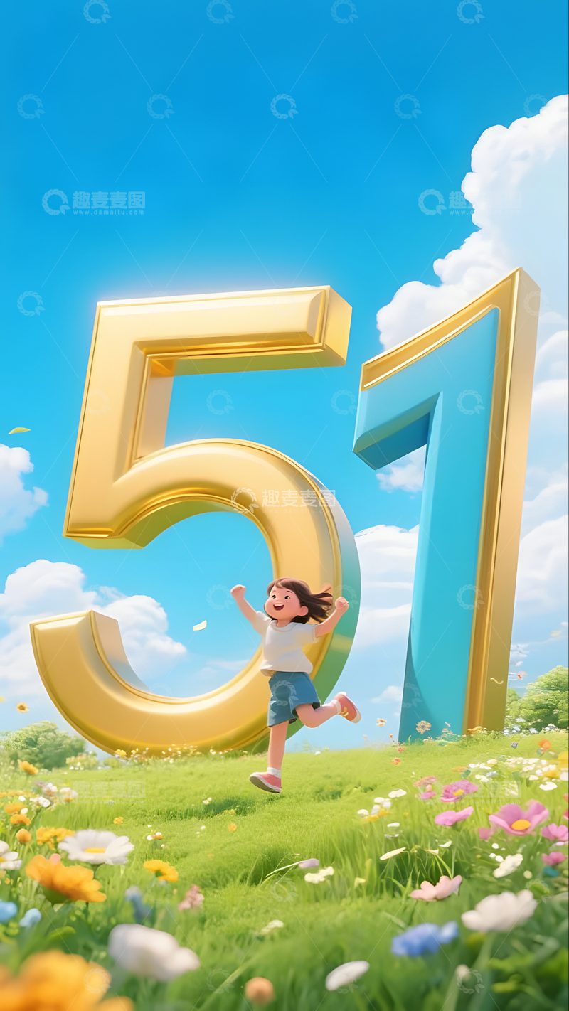 金色蓝色51数字女孩五一节日插画