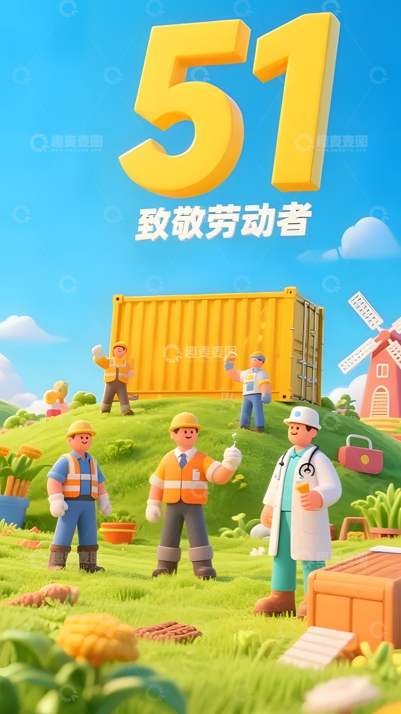 五一劳动节致敬各行各业卡通宣传插画图