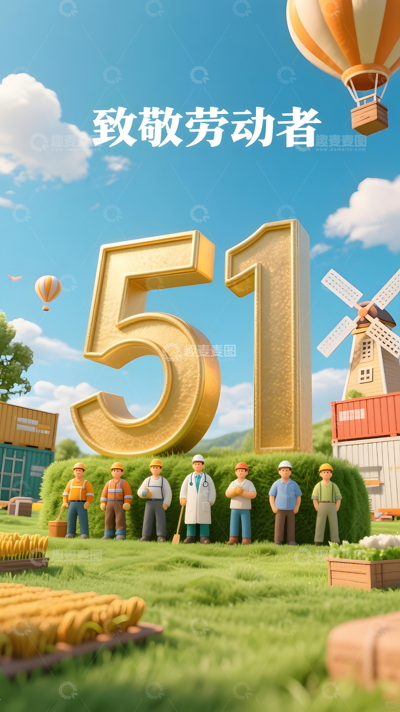 五一劳动节致敬劳动者卡通场景宣传插画图
