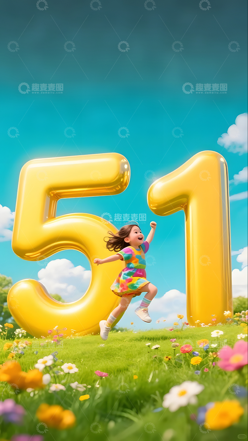 金色51数字女孩奔跑五一劳动节插画