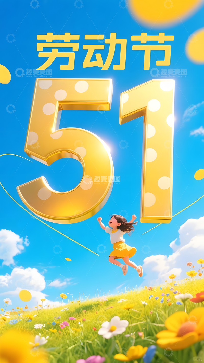 劳动节51女孩跳跃节日插画海报