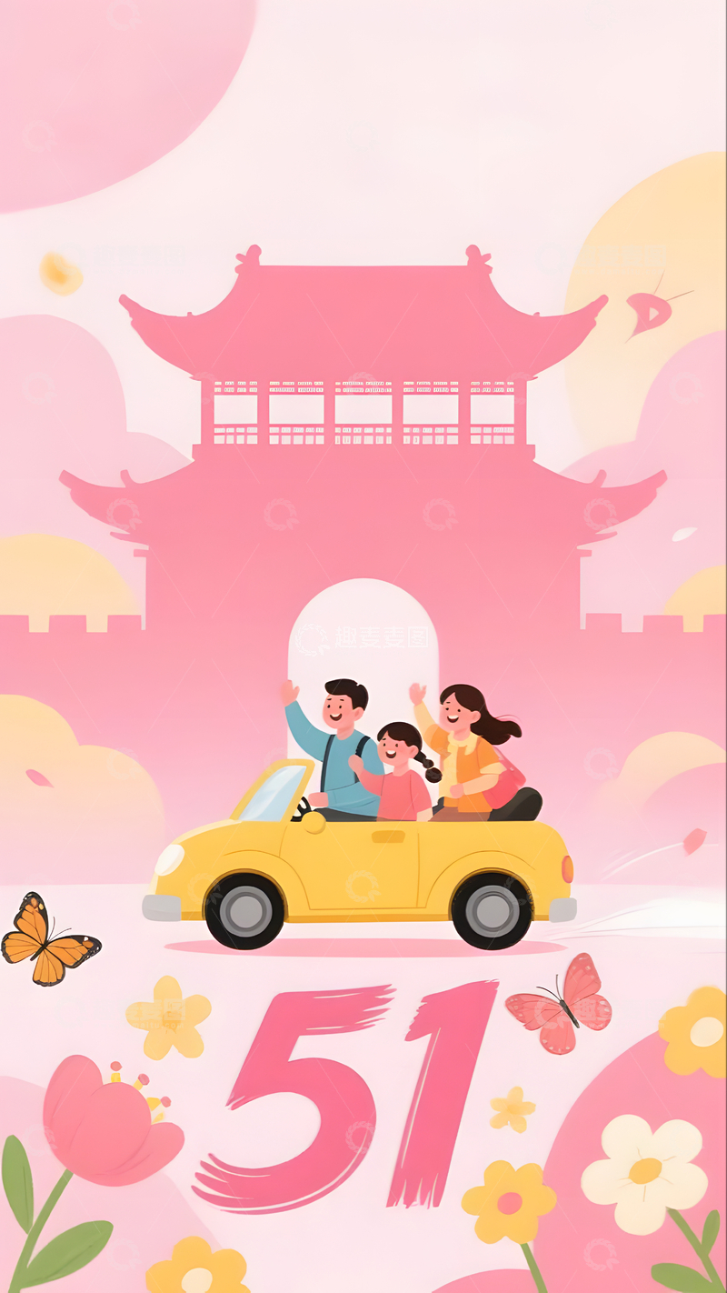 51节日出游春日插画粉色旅行场景图