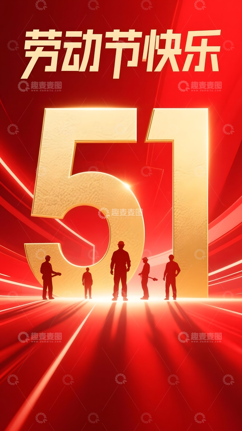 劳动节快乐红色光影金色51数字剪影宣传图