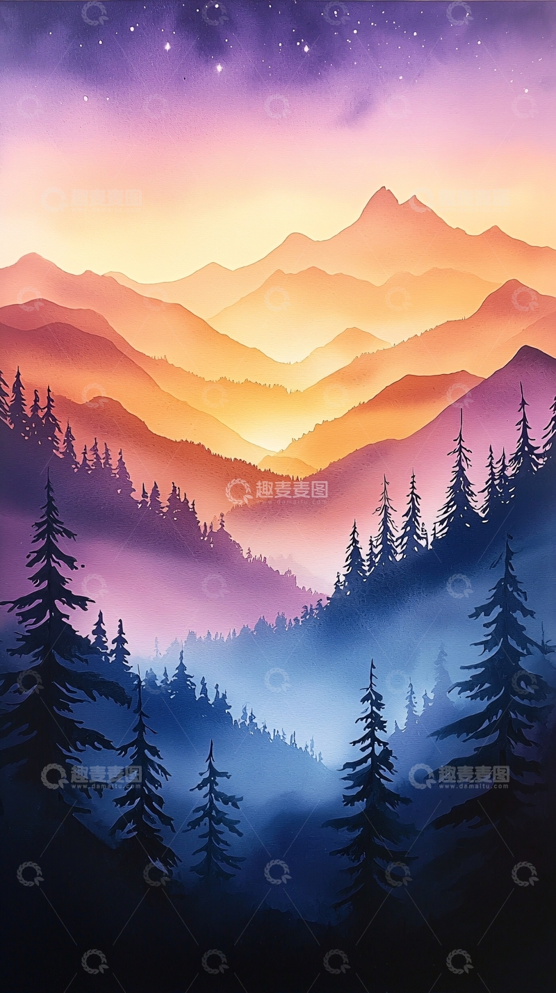 高清大图下载【趣麦麦图】梦幻山林夜景