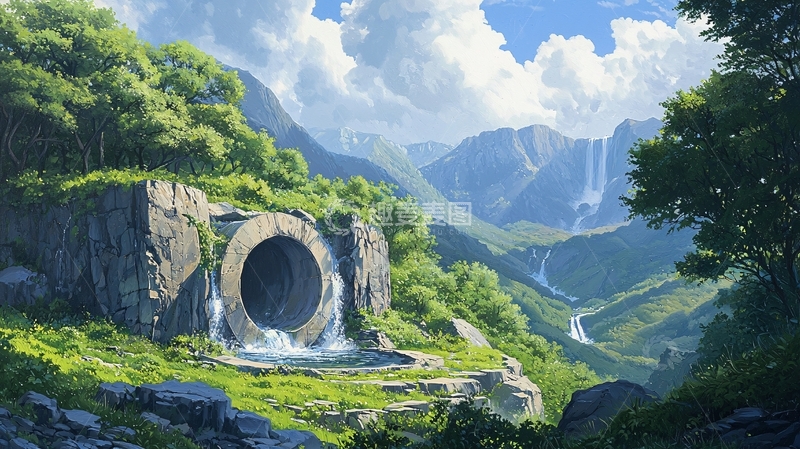 高清大图下载【趣麦麦图】山间瀑布与隧道自然景观