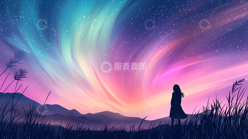高清大图下载【趣麦麦图】梦幻星空下的孤独少女
