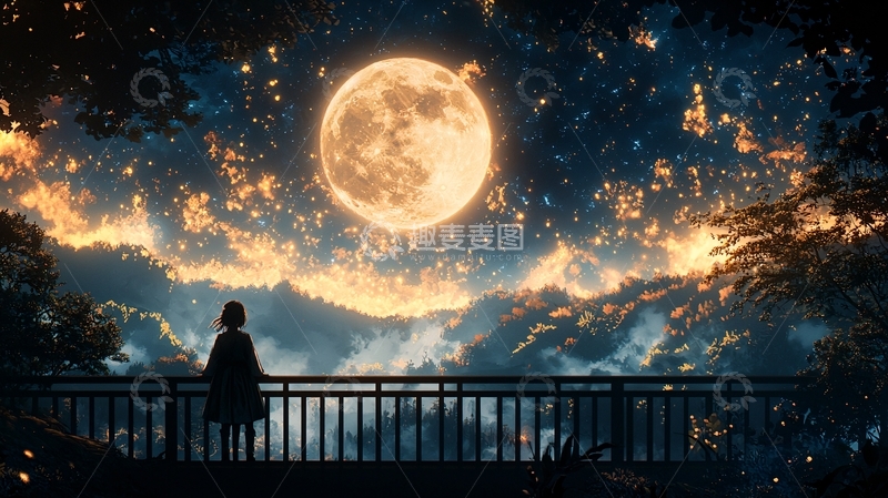 高清大图下载【趣麦麦图】月夜下的孤独少女