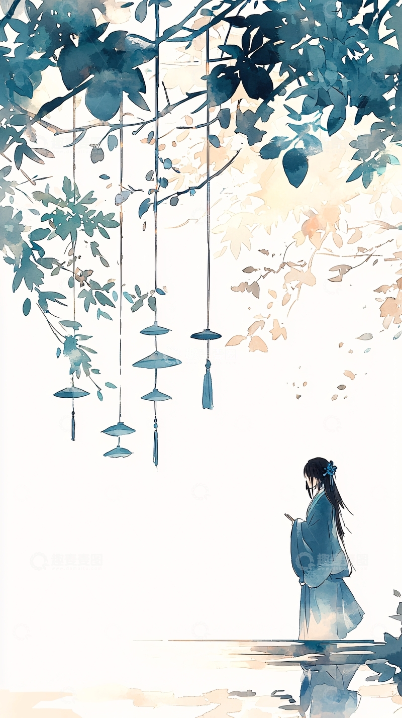 高清大图下载【趣麦麦图】秋日树下风铃人影