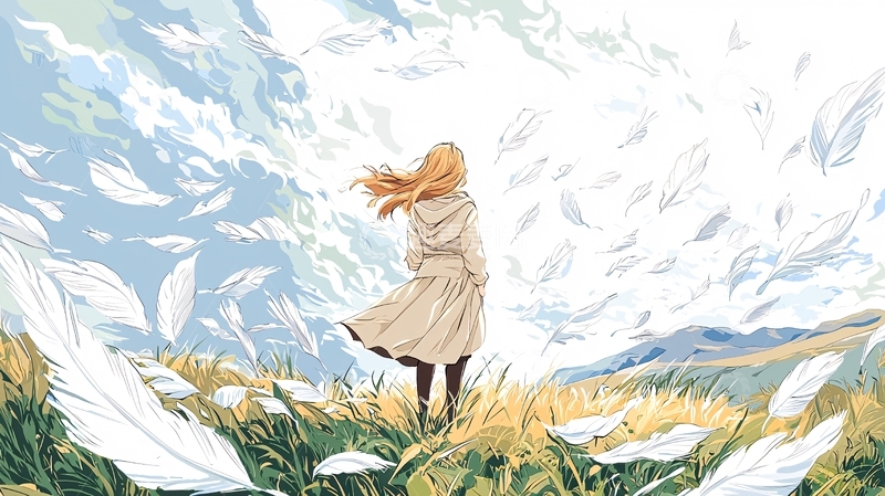 高清大图下载【趣麦麦图】草原少女与飞舞羽毛
