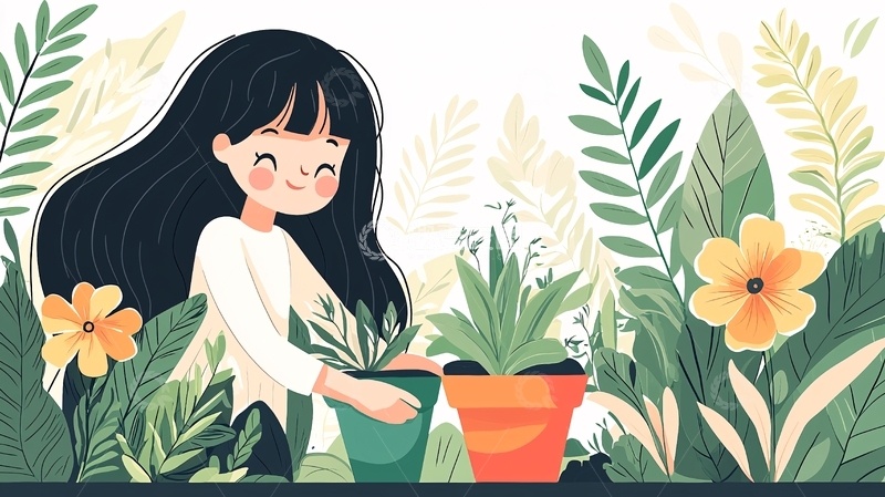 高清大图下载【趣麦麦图】女孩在花丛中种植盆栽