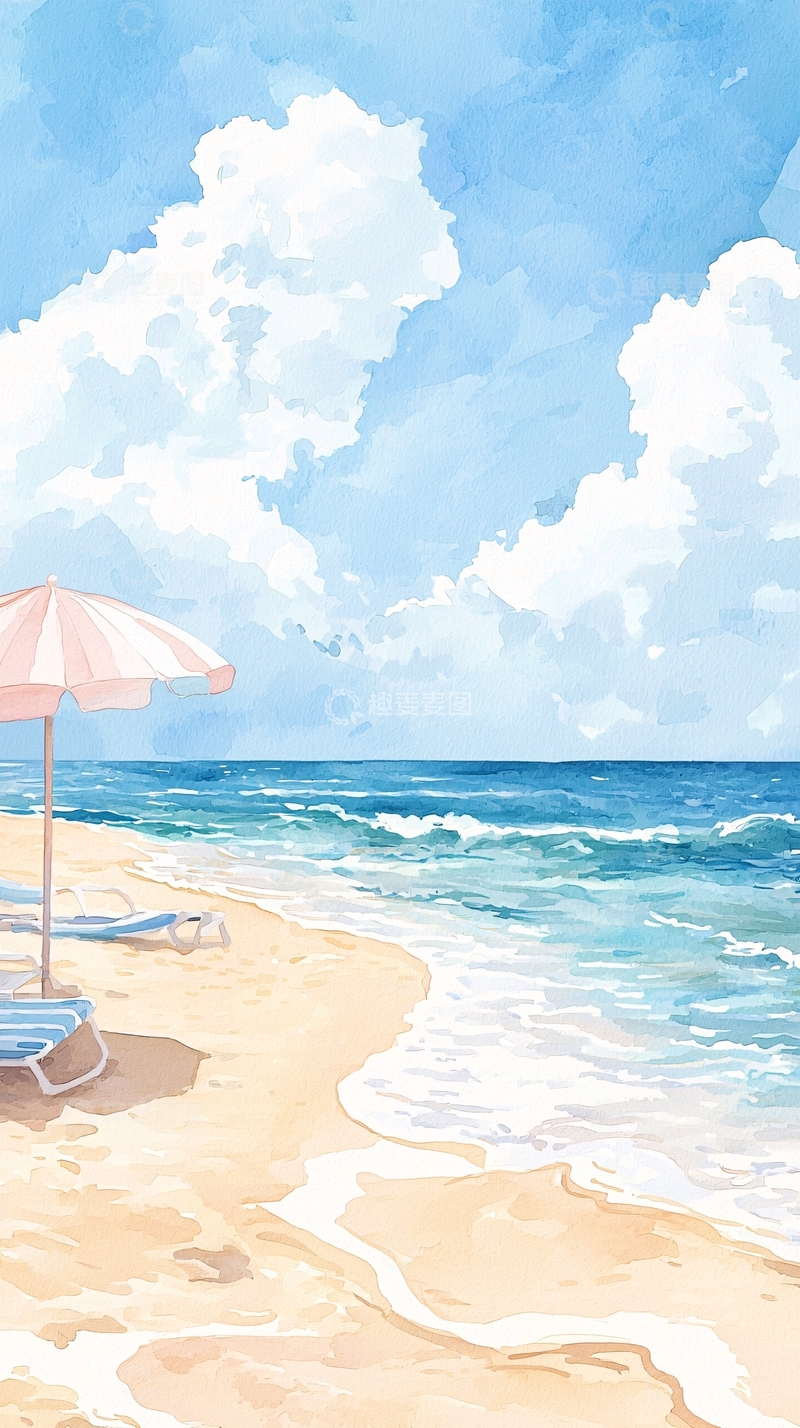 高清大图下载【趣麦麦图】-夏日海滩水彩画背景图