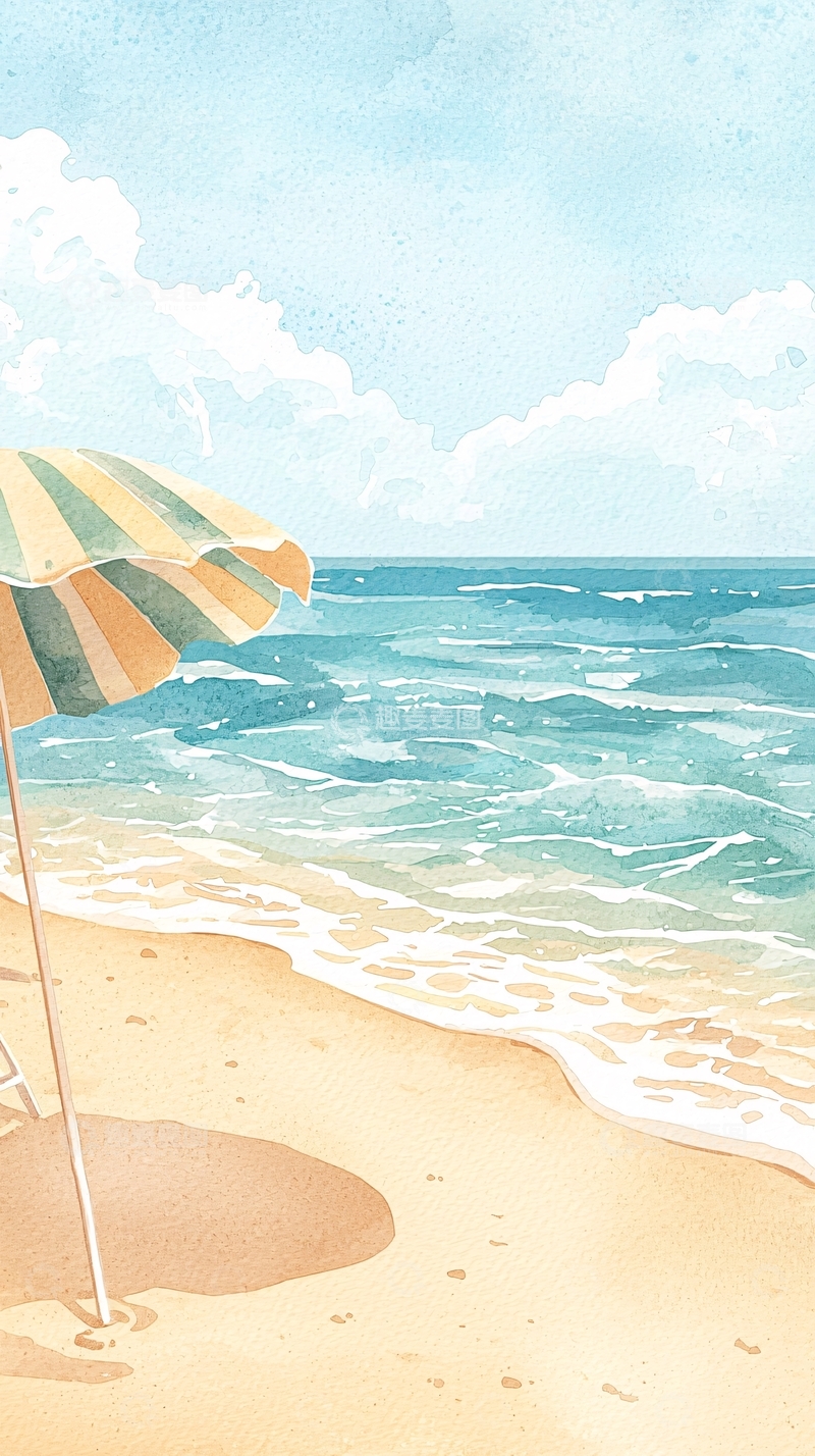 高清大图下载【趣麦麦图】海滩遮阳伞水彩画背景