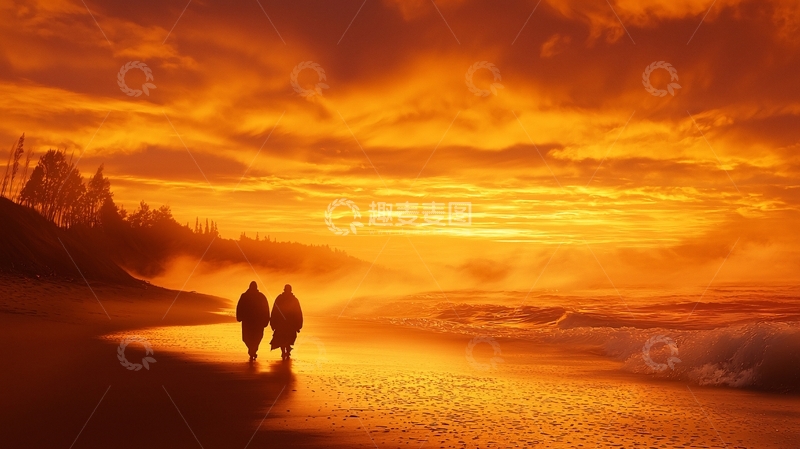 高清大图下载【趣麦麦图】夕阳海滩漫步情侣剪影