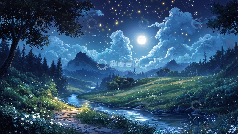 高清大图下载【趣麦麦图】星空下的静谧山谷夜景