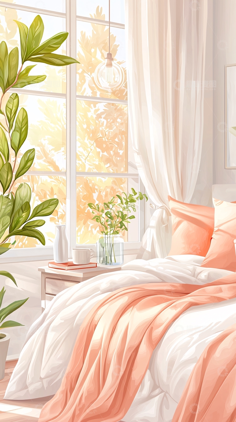 高清大图下载【趣麦麦图】温馨卧室阳光明媚插画