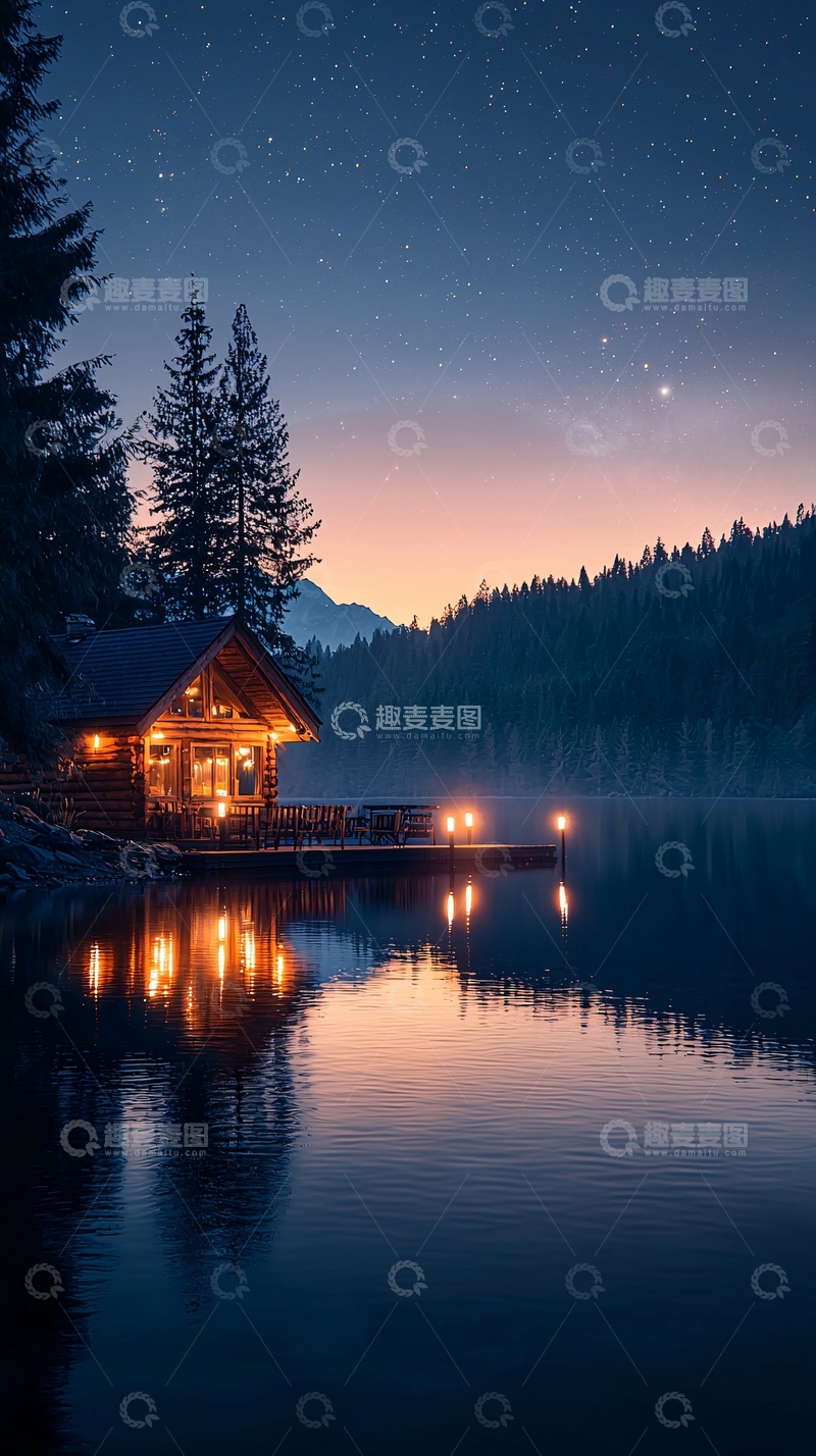 高清大图下载【趣麦麦图】湖边小屋星空下的宁静夜景