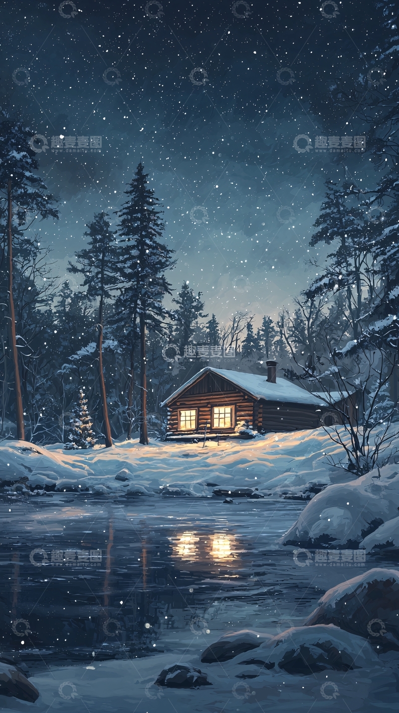 高清大图下载【趣麦麦图】冬夜小屋雪景