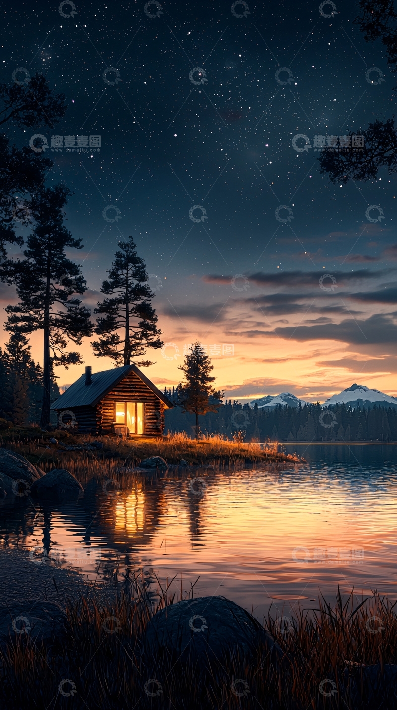 高清大图下载【趣麦麦图】湖边小屋星空下的宁静夜景