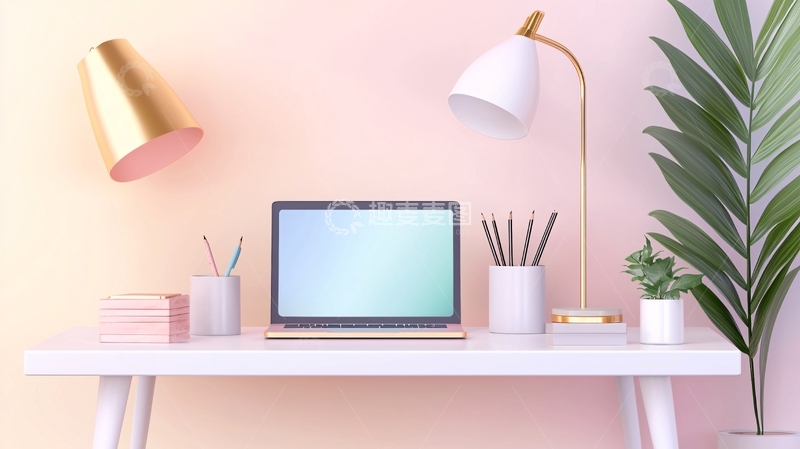 高清大图下载【趣麦麦图】粉色背景的桌面电脑