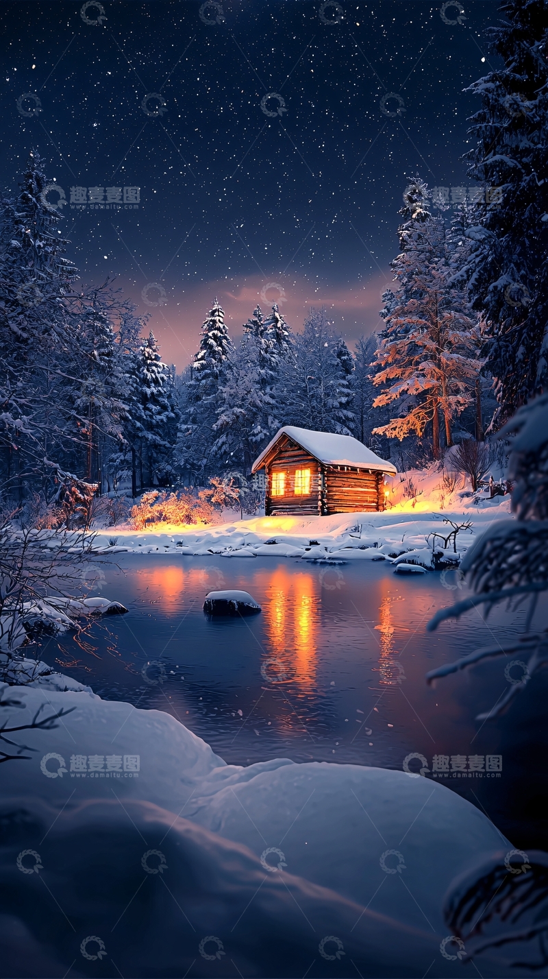 高清大图下载【趣麦麦图】冬夜小屋雪景