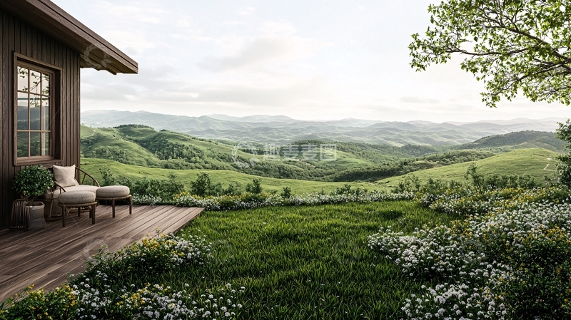 高清大图下载【趣麦麦图】绿意盎然山景小屋