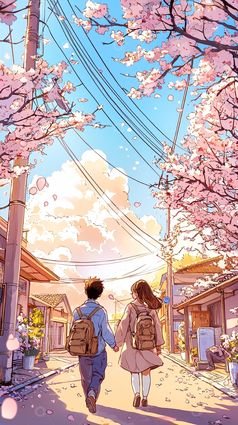 高清大图下载【趣麦麦图】樱花树下牵手情侣