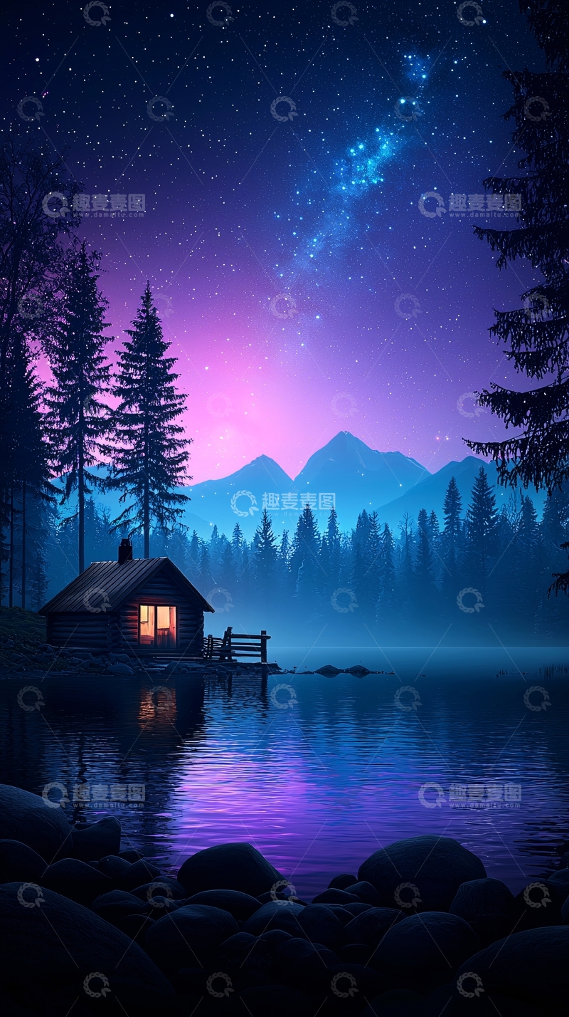 高清大图下载【趣麦麦图】湖边小屋星空下的宁静夜景