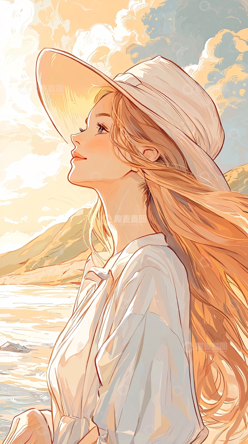 高清大图下载【趣麦麦图】海边戴帽长发女子