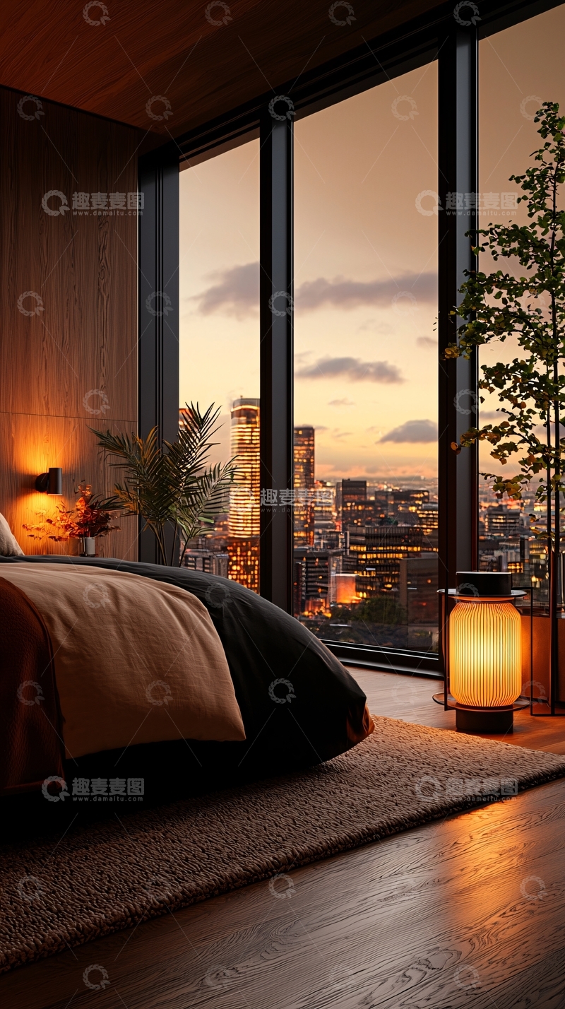 高清大图下载【趣麦麦图】现代卧室城市景观夜景
