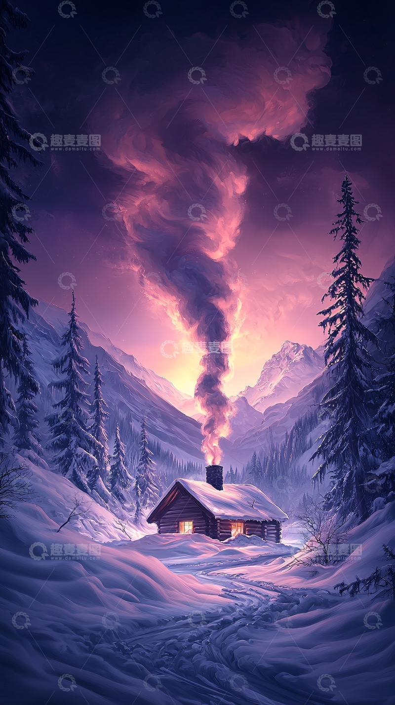 高清大图下载【趣麦麦图】冬夜山间小屋炊烟袅袅
