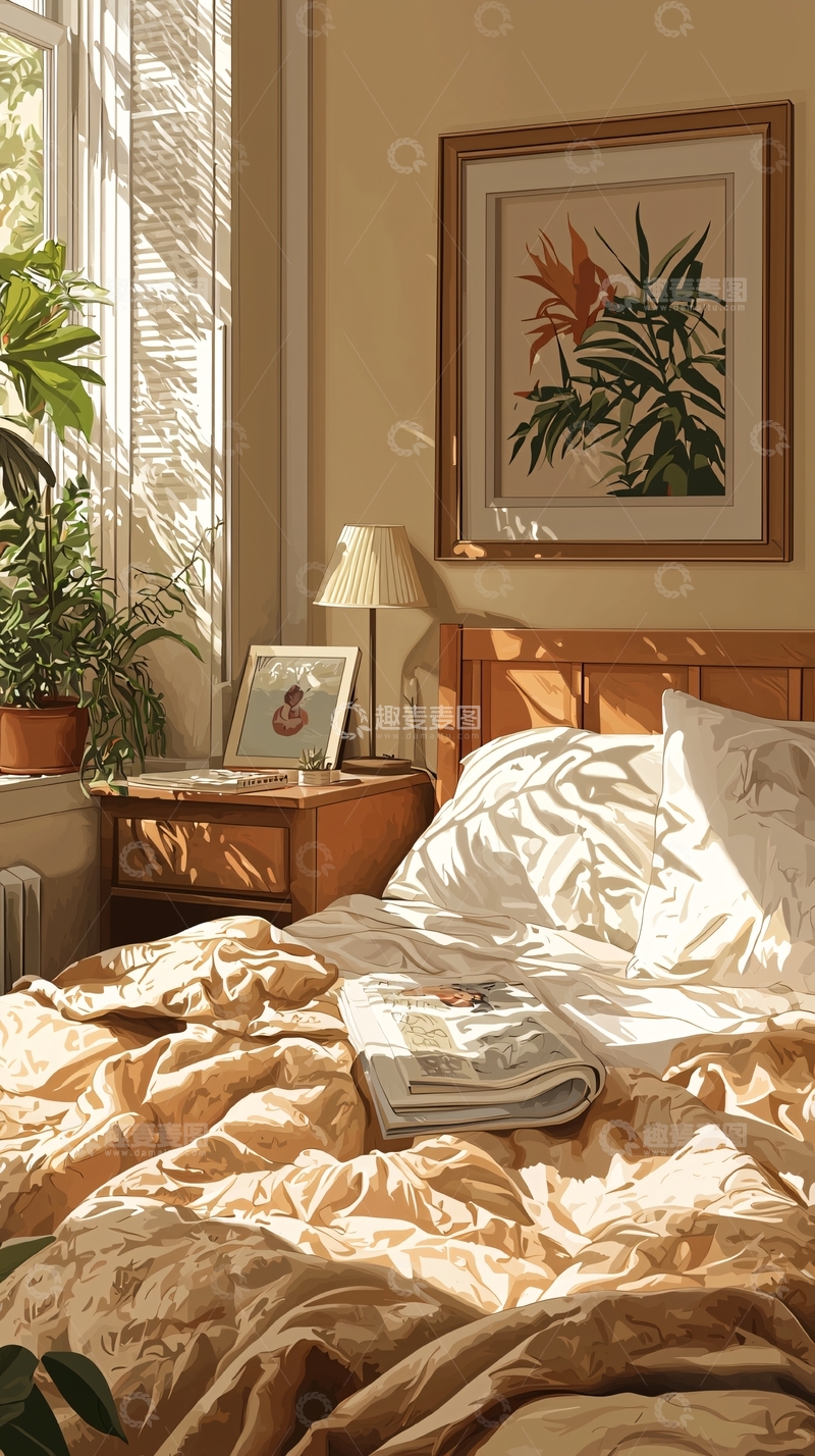 高清大图下载【趣麦麦图】温暖阳光下的卧室场景