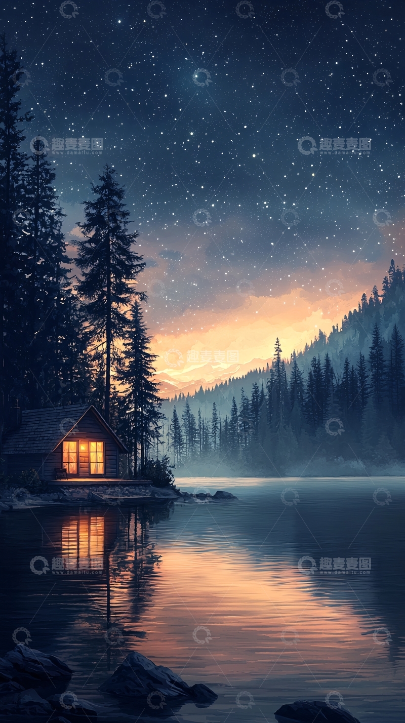 高清大图下载【趣麦麦图】湖边小屋星空下的宁静夜景