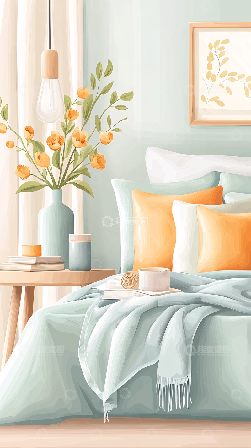 高清大图下载【趣麦麦图】温馨卧室插画素材