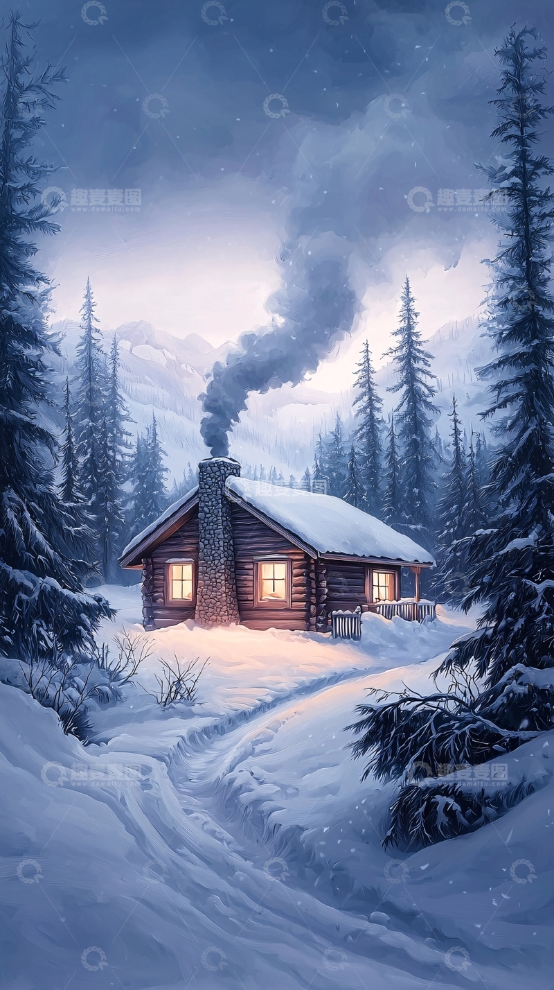高清大图下载【趣麦麦图】冬夜雪景中的小木屋