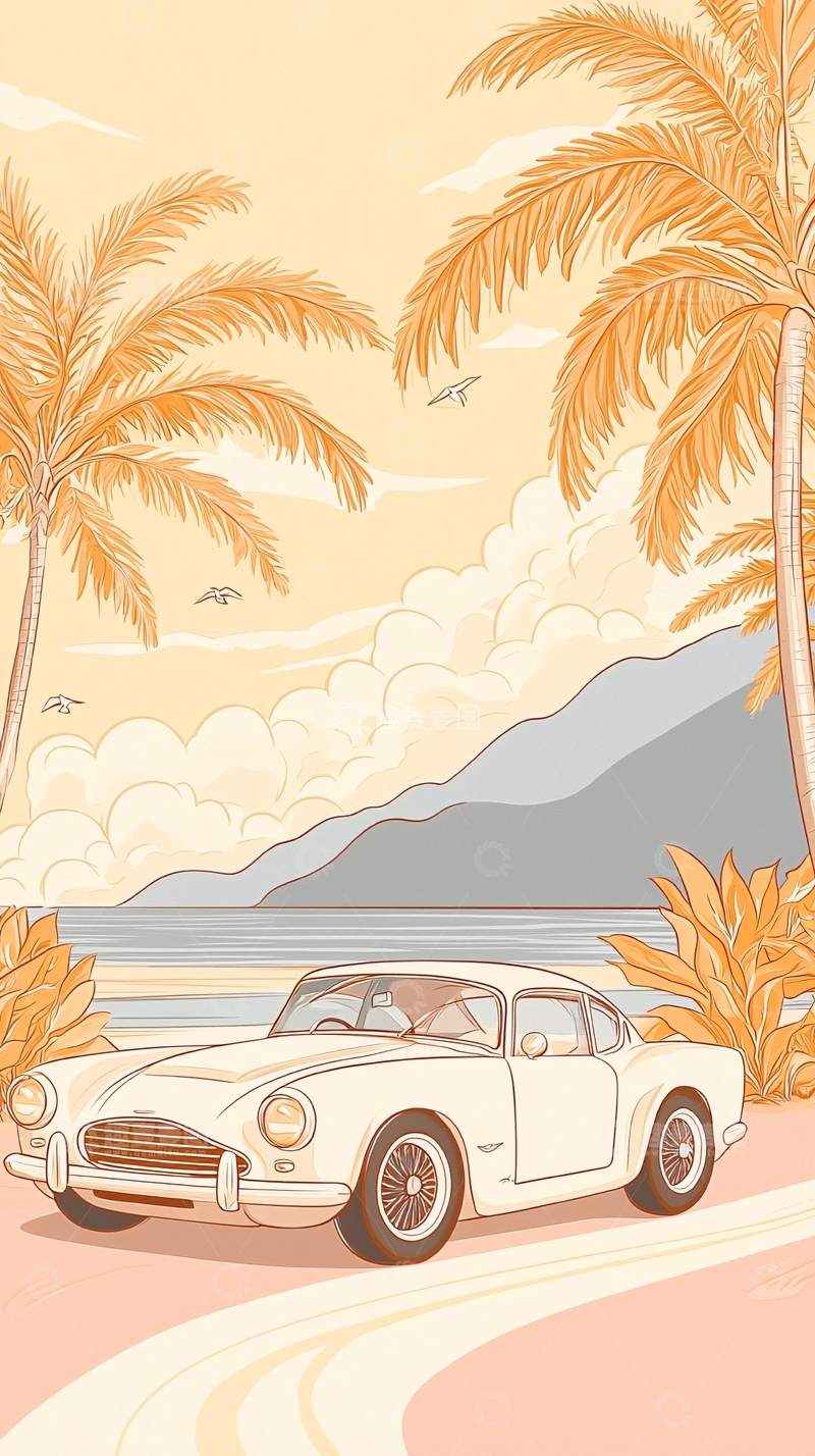 高清大图下载【趣麦麦图】夏日海滩复古车旅图