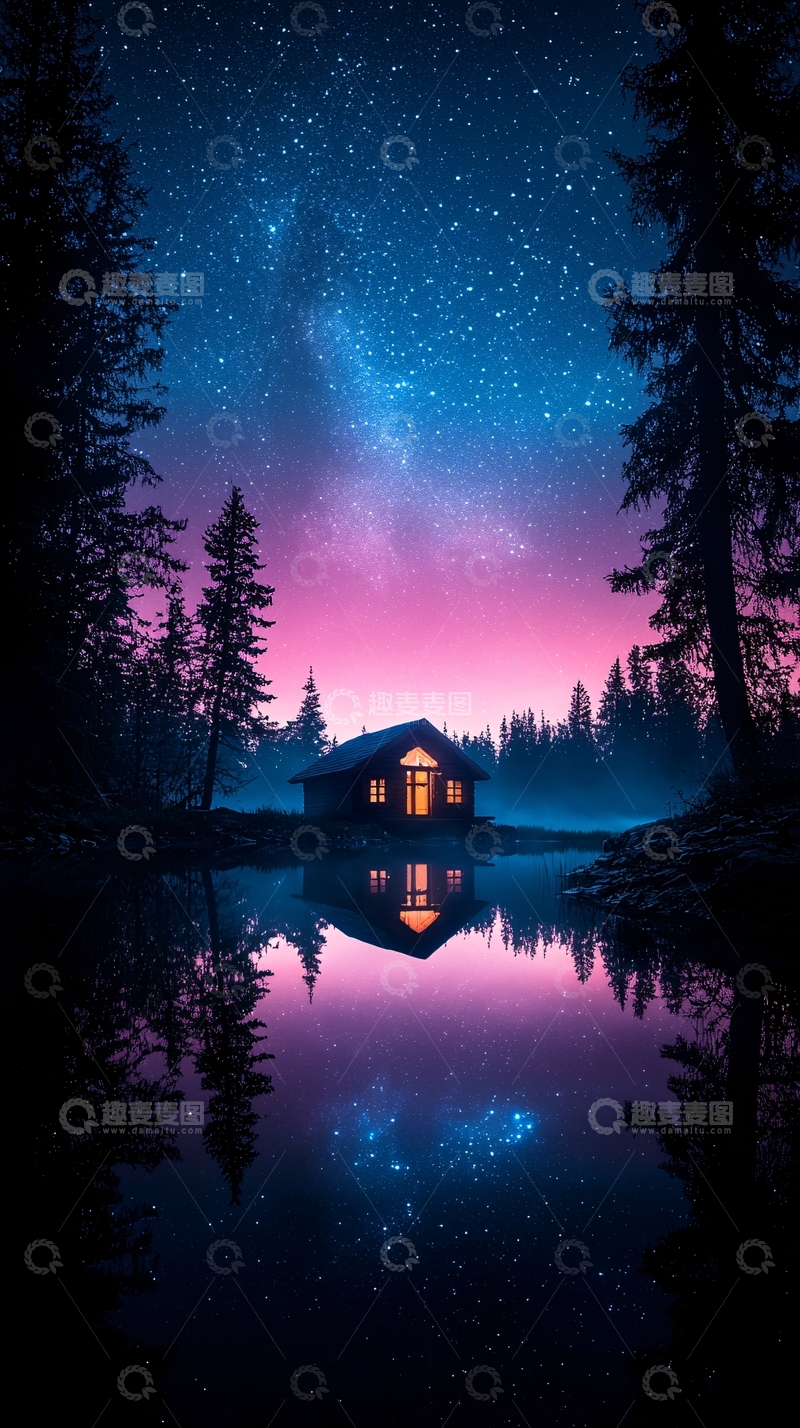 高清大图下载【趣麦麦图】夜色中的小屋与星空