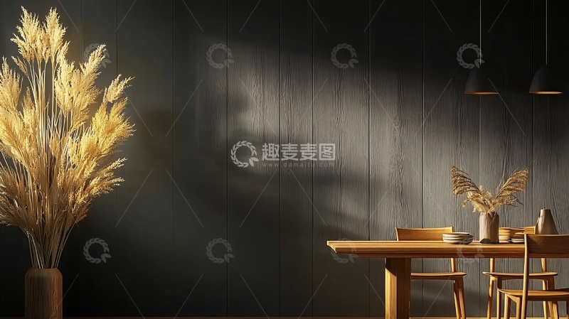 高清大图下载【趣麦麦图】棕色芦苇花艺搭配木质餐桌