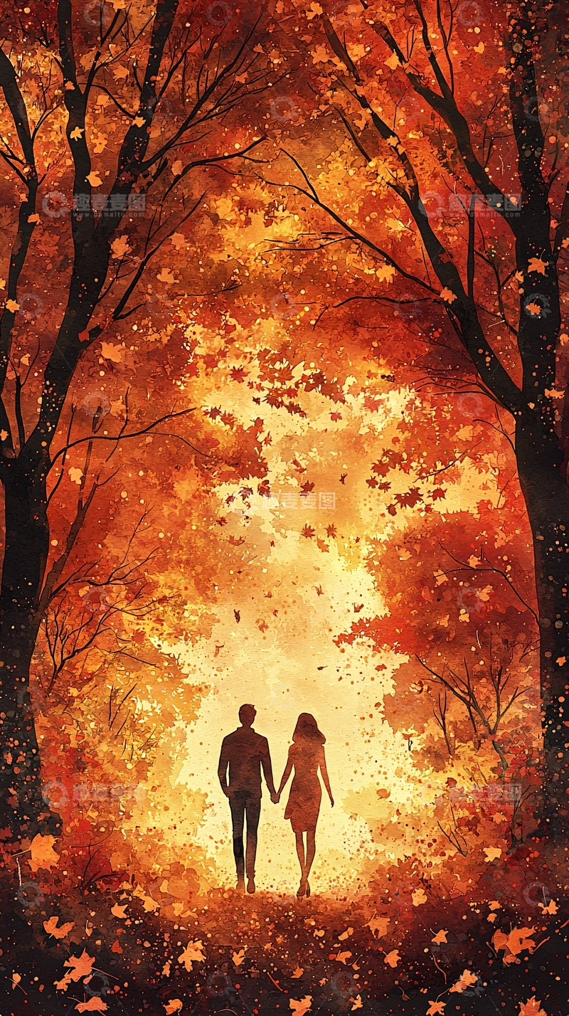 高清大图下载【趣麦麦图】秋日森林牵手情侣