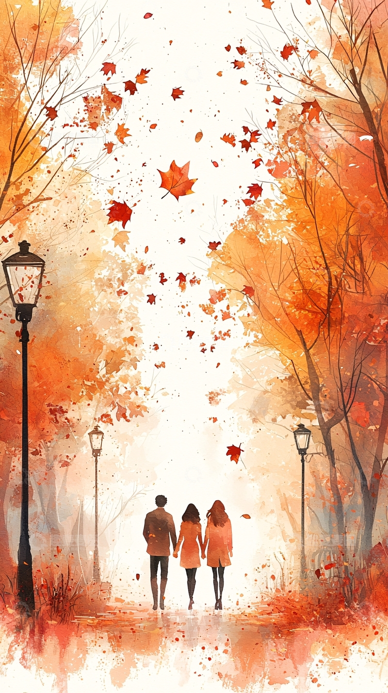 高清大图下载【趣麦麦图】秋日漫步三人同行