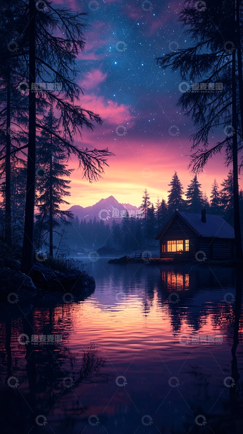高清大图下载【趣麦麦图】湖边小屋星空下的宁静夜景