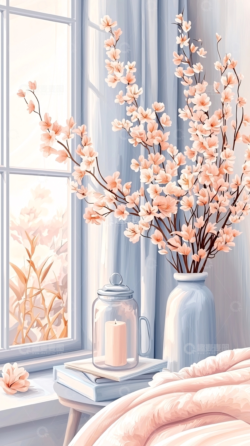 高清大图下载【趣麦麦图】春日窗边花瓶烛光