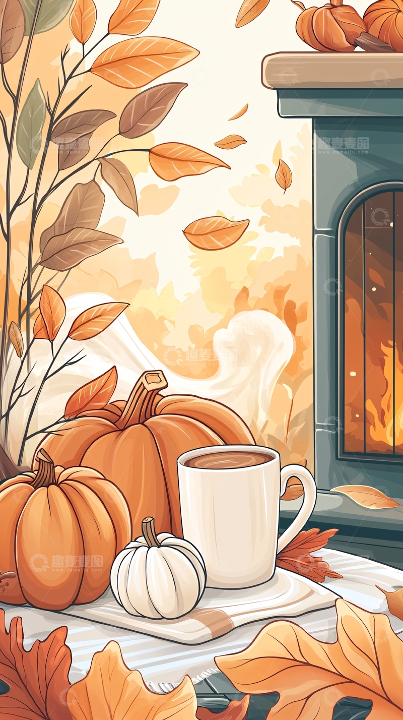 高清大图下载【趣麦麦图】秋日暖阳与南瓜咖啡