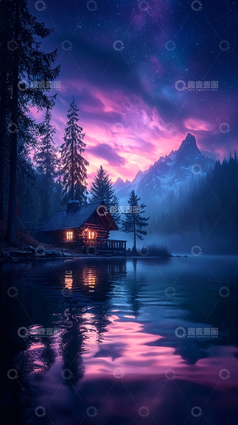 高清大图下载【趣麦麦图】湖边小屋星空下的宁静夜景