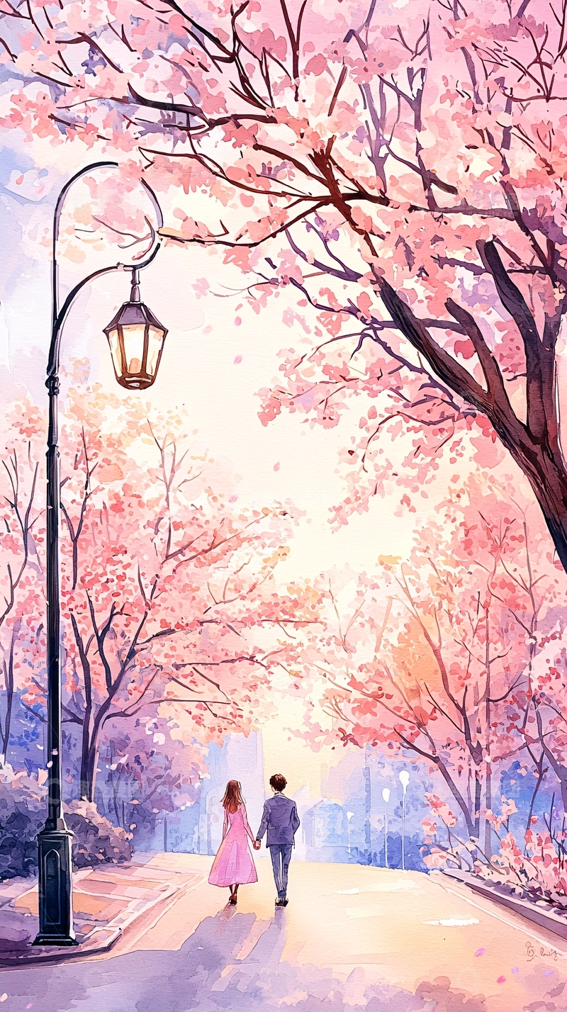 高清大图下载【趣麦麦图】樱花树下牵手情侣