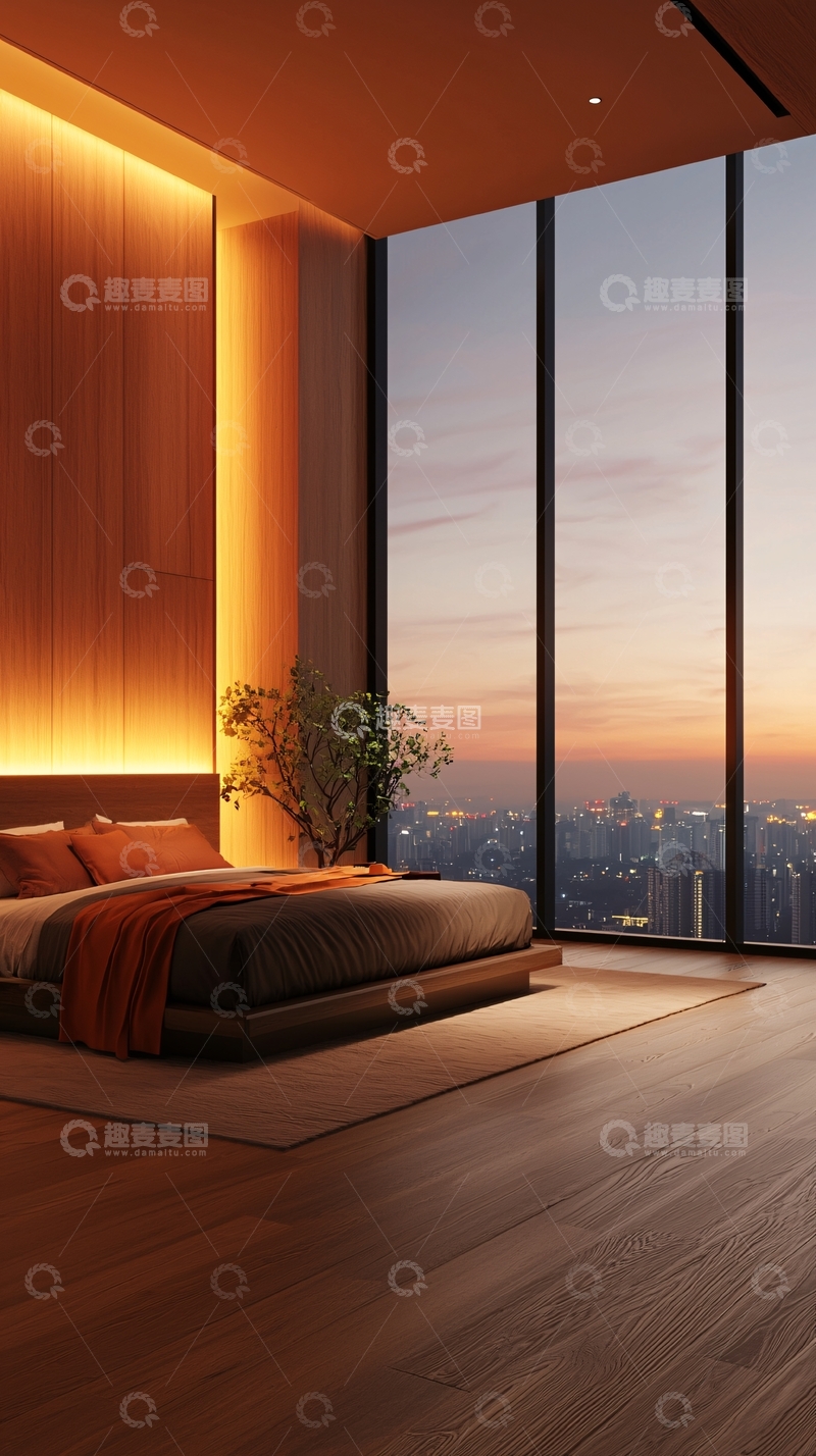 高清大图下载【趣麦麦图】现代卧室城市夜景