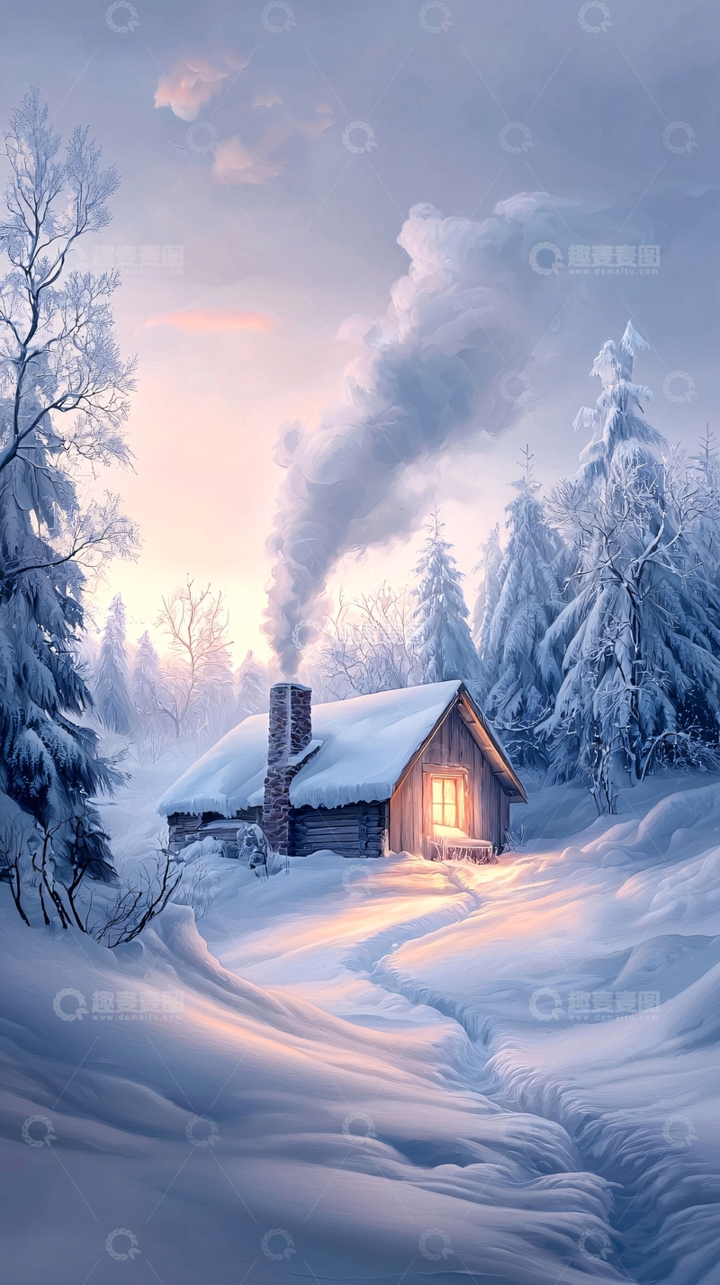 高清大图下载【趣麦麦图】冬日雪景中的小木屋