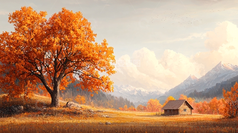 高清大图下载【趣麦麦图】秋日山间小屋风景