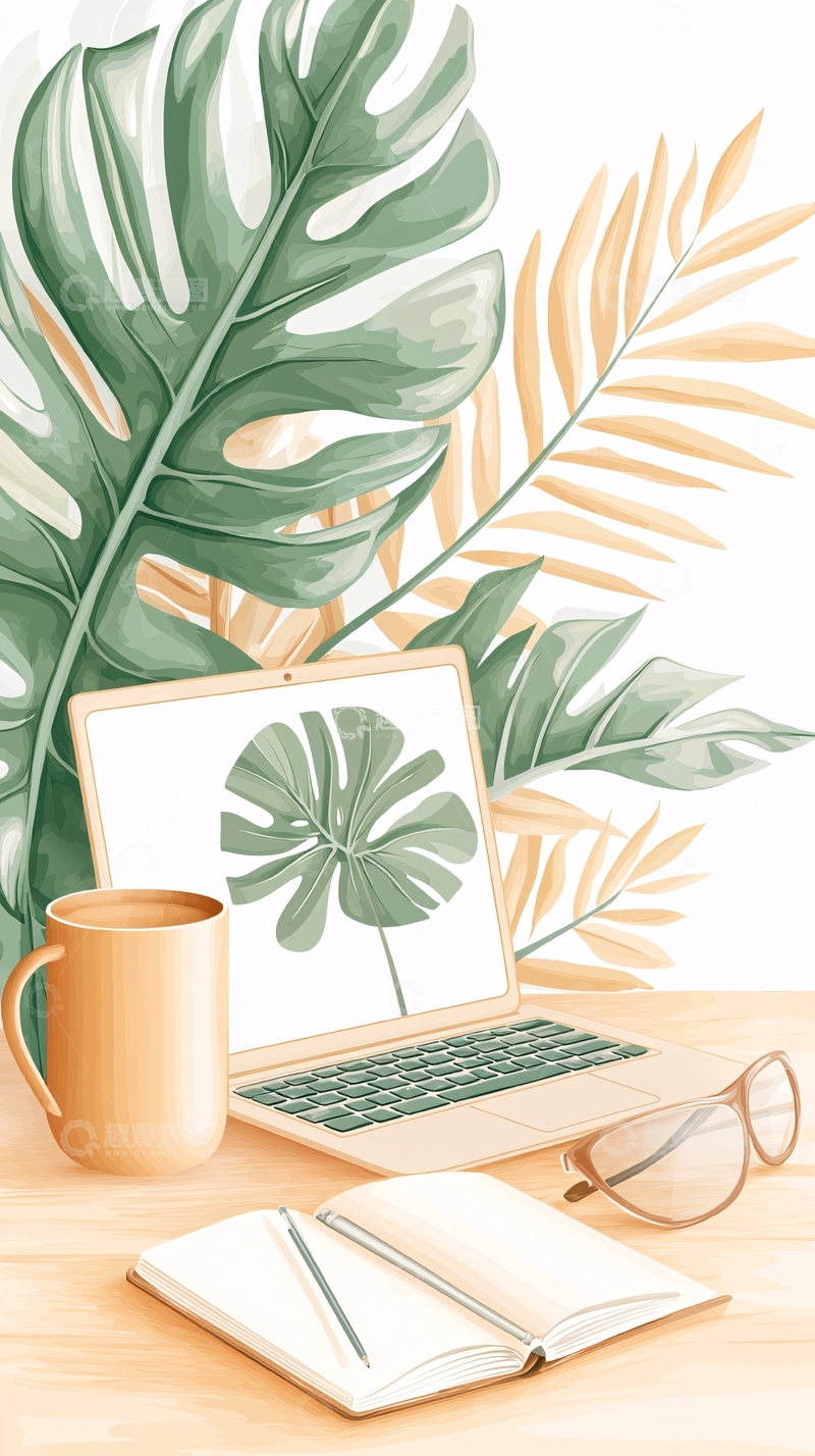 高清大图下载【趣麦麦图】热带植物主题办公桌场景